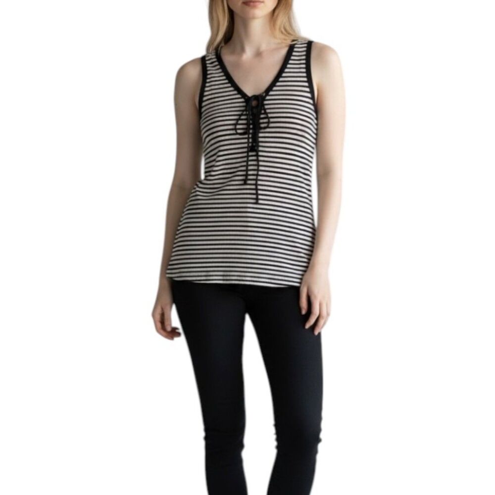Monteau Los Angeles Women's Striped Longline Lace Up Tank Top Small Black White